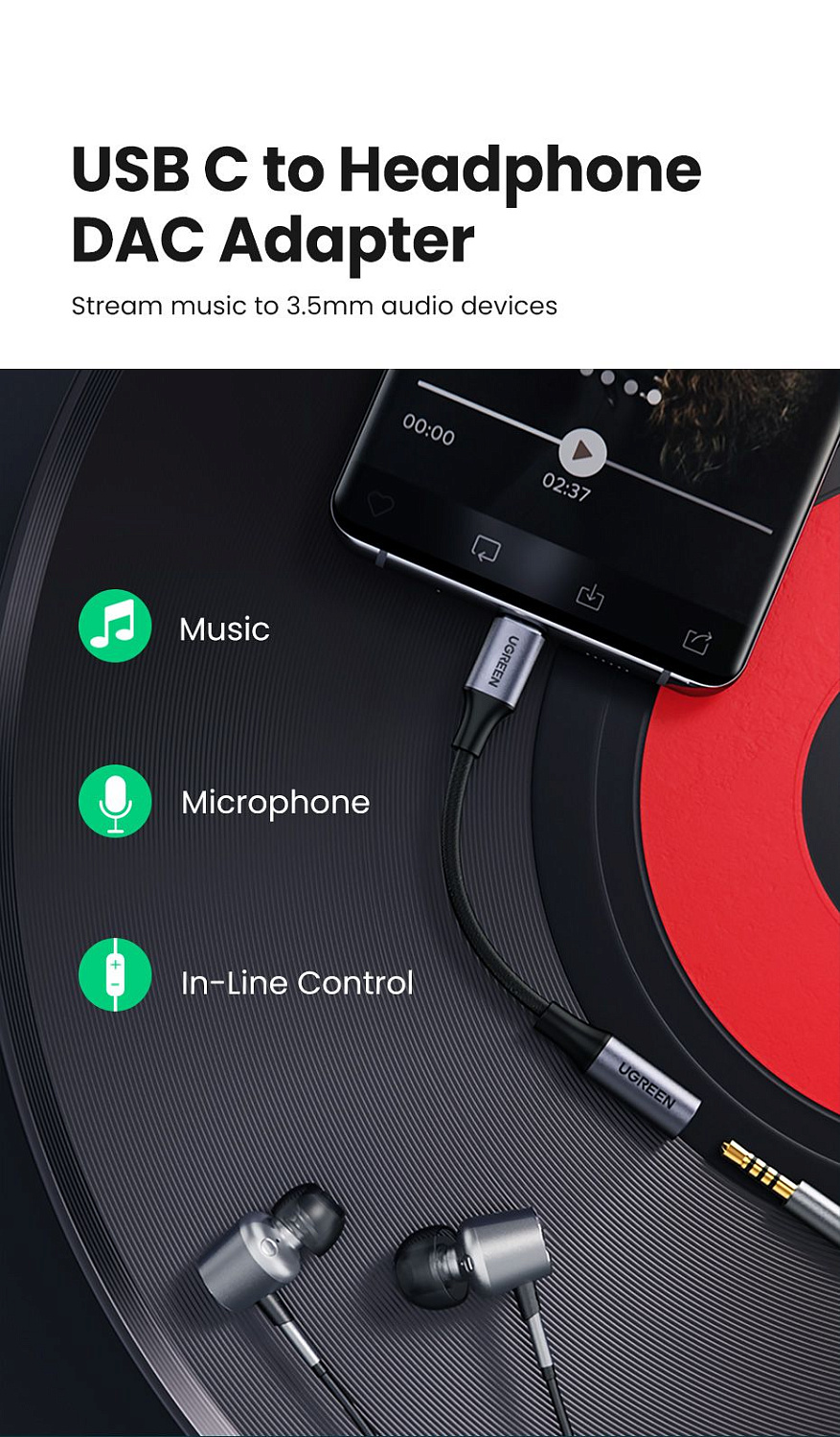 80154 Кабель UGREEN AV161 USB Type C - 3.5mm аудио, оплетка, алюминий, 0.1M